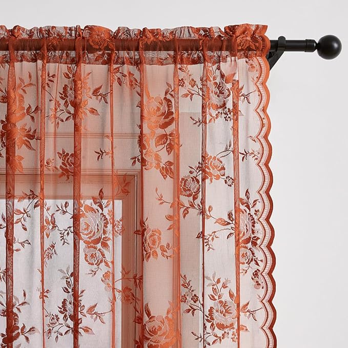 Burnt Orange Lace Curtains Country Rustic Floral Curtain - Image 4