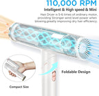 High Speed Hair Dryer, Travel Blow Dryer Foldable Ionic Small Professional Brushless Motor 9 Modes Portable One Touch Switch with Concentrator Nozzle Attachment for Home, Hotel, Salon