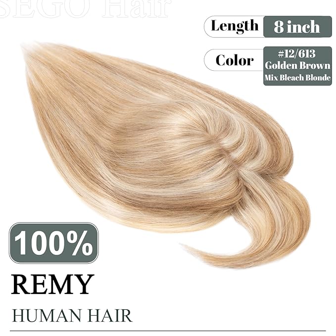 SEGO Hair Toppers for Women Real Human Hair with Thinning Hair, Hair Pieces Clip in Toppers Straight Hair Pieces with Front Bangs -8 Inch #12/613 Golden Brown Mix Bleach Blonde