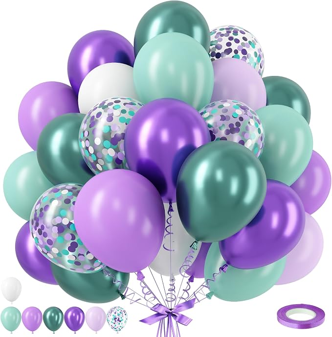 Mermaid Balloon, 12 Inch Mermaid Theme Balloon, Metallic Purple Green Party by TAOYE