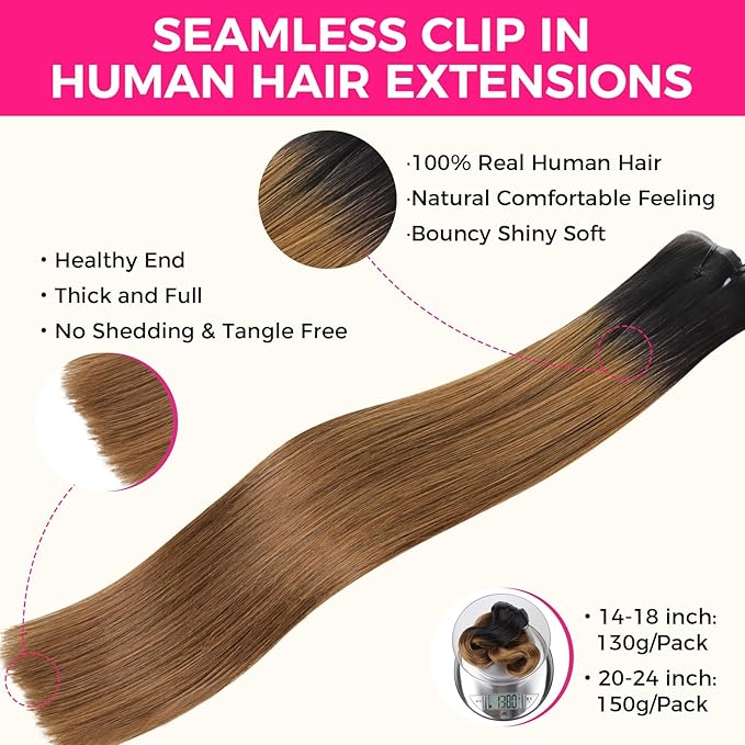 Lashey Seamless Clip in Hair Extensions Human Hair 130g 9pcs 18 Inch Ombre Natural Black to Medium Auburn Straight Clip in Hair Extensions for Women