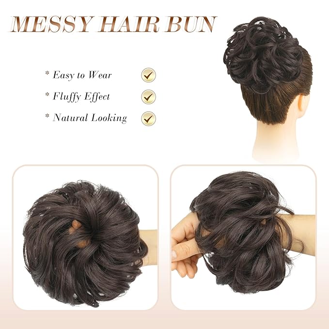 FESHFEN Messy Bun Hair Piece - Large Elastic Wavy Curly Hair Bun Scrunchies Ponytail Extensions Synthetic Chignon Hairpieces for Women, Dark Brown 1.94oz