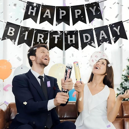 Black Happy Birthday Banner, Pre-Strung Black and Silver Birthday Party - Image 2