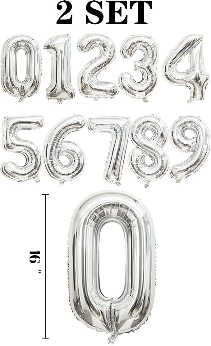 2 Set 20 Pcs Number Balloons 16 Inch Silver 0-9 Number Mylar Foil Balloons - Image 2