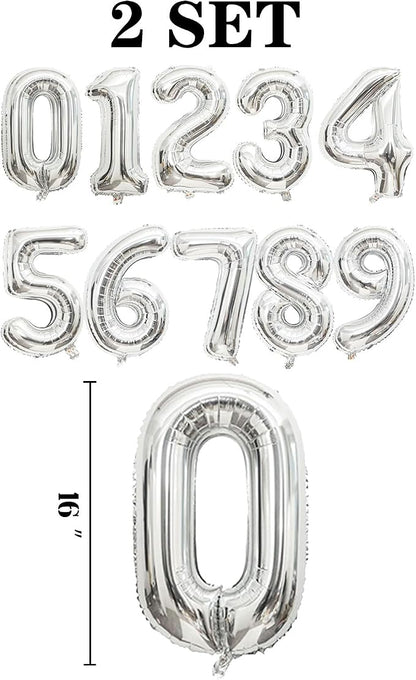 2 Set 20 Pcs Number Balloons 16 Inch Silver 0-9 Number Mylar Foil Balloons - Image 2
