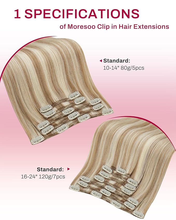 Moresoo Clip in Hair Extensions Brown Blond Highlight Real Human Hair Extensions Clip ins Chestnut Brown with Platinum Blonde for Women Long Remy Human Hair Double Weft 120g/7pcs 24in