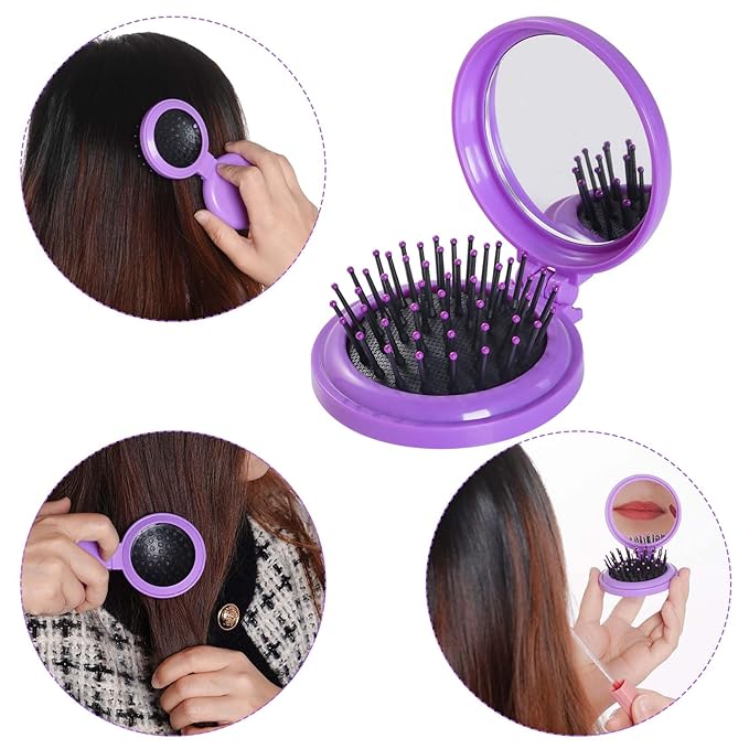 2pcs Folding Travel Mirror Hair Brushes Round Mirror Pocket Hair Brush Portable Mini Pop Up Hair Brushes for Women Girls Wet and Dry Hair (Purple, Black)