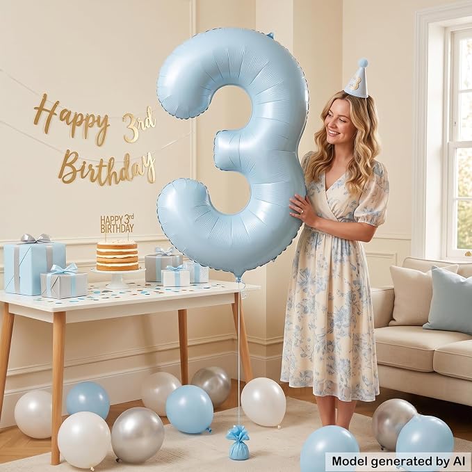 Light Blue Number 3 Balloon for 3th Anniversary Birthday Decor 40 Inch Foil | - Image 3