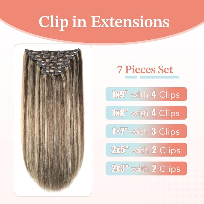 XDhair Clip in Hair Extensions Human Hair 160g 20 Inch 7pcs Chocolate Brown Mixed Caramel Blond Clip in Hair Extensions Real Human Hair for Full Head #4p27/20 inch