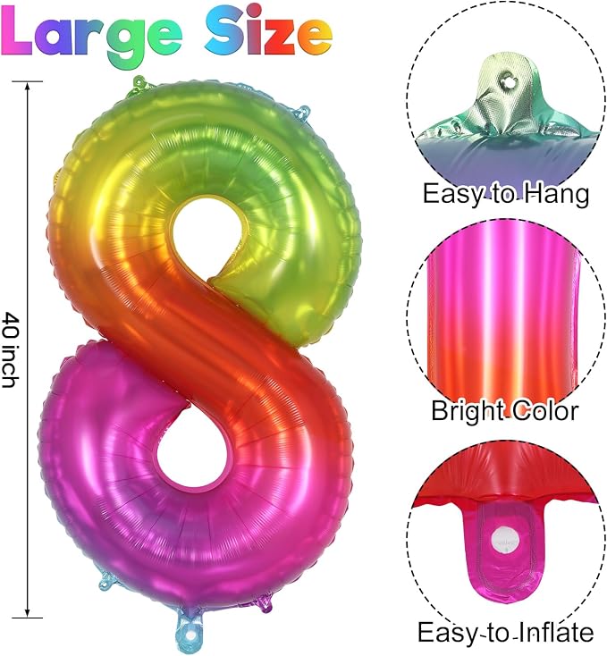 Rainbow Number 8 Balloon 40 Inch, Big Large Foil Number Balloons, Gradient - Image 3