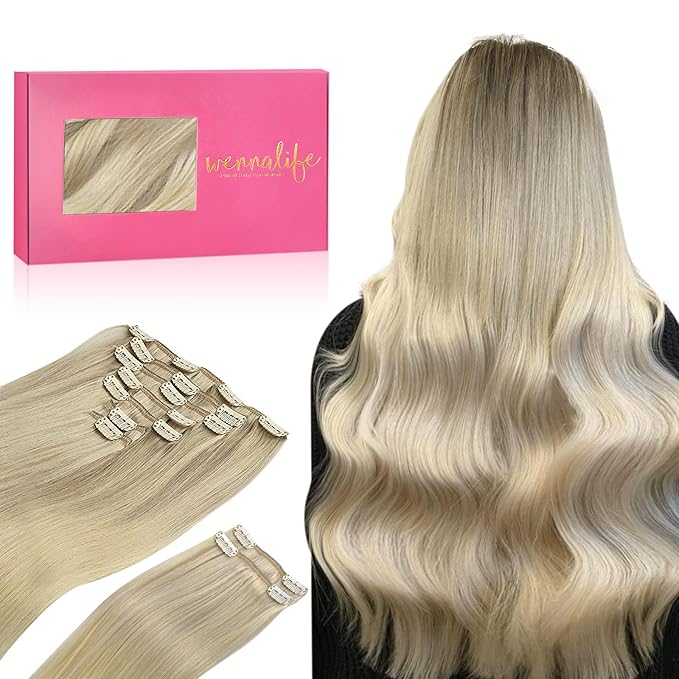 WENNALIFE Clip in Hair Extensions, 150g 20 Inch 9pcs Ash Blonde to Golden Blonde and Platinum Blonde Human Hair Extensions Thicker Clip in Hair Extensions Real Human Hair Clip Set Double Weft