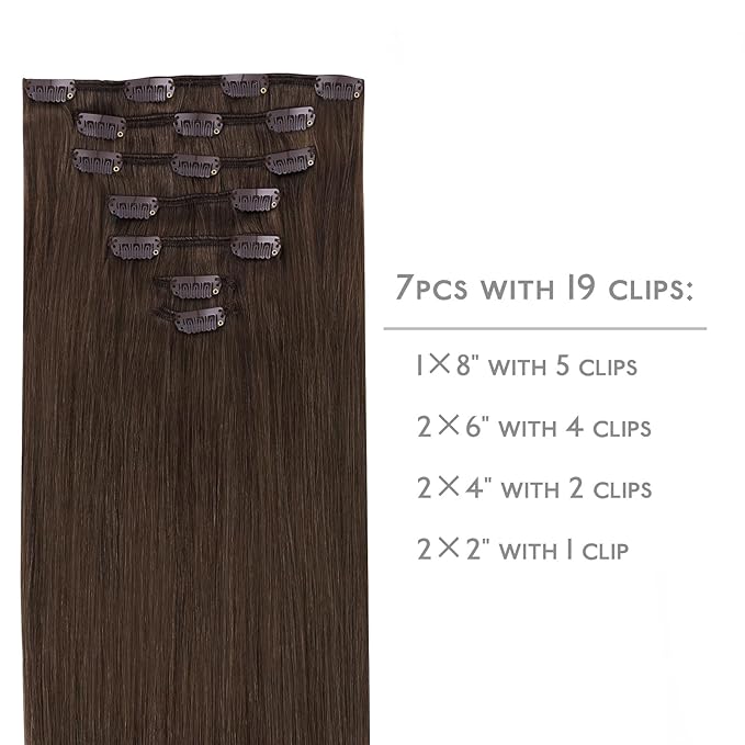 WENNALIFE Clip in Hair Extensions Real Human Hair, 14 Inch 120g 7pcs Remy Hair, Chocolate Brown Straight Natural Coloured Extensiones De Cabello Humano Con Clip Ins