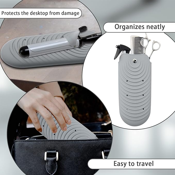 Heat Resistant Silicone Mat Pouch for Hair Styling Tools, Curling and Flat Irons Non-Slip Travel Cover, Small Portable Straightener Pad for Curler Wands Storage, Hot Waver (Grey)