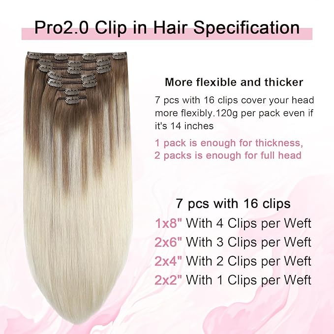 Pro2.0 Clip in Hair Extensions Real Human Hair 22inch 7pcs #8/60 Ash Brown to Platinum Blonde Real Hair Extensions Clip in Human Hair 120g Double Weft（#8/60-22inch）