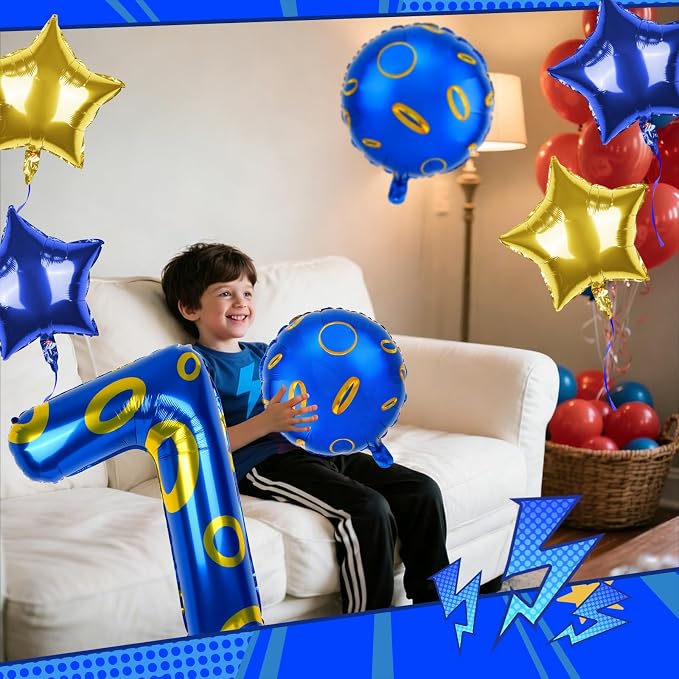 40 Inch Blue and Golden Ring Themed Number Balloon, Number Block Foil Number 7 - Image 7