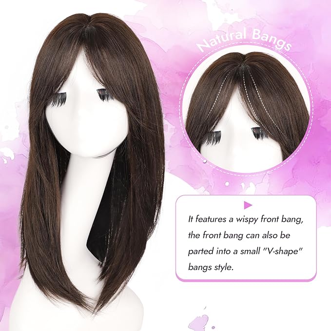 Hair Topper for Women Clip in Bangs – 18 Inch Medium Length Straight 360° Full Coverage Dark Brown,Synthetic Natural Looking Piece for Thinning Hair