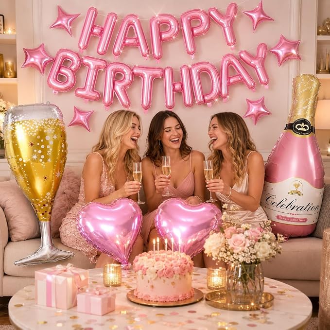 Pink Happy Birthday Balloons Banner, Star Heart Balloons, Champagne Bottle - Image 3