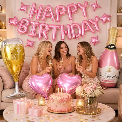Pink Happy Birthday Balloons Banner, Star Heart Balloons, Champagne Bottle - Image 3