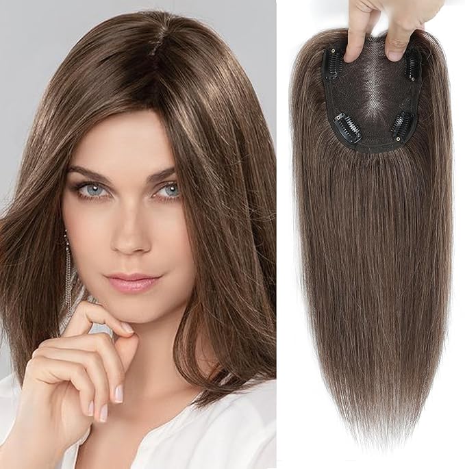 Human Hair Toppers for Women Real HairTopper with Thinning Hair 120% Density Round Shaped Swiss Base Hair Pieces 40g-Auburn Brown（12inch,6#）