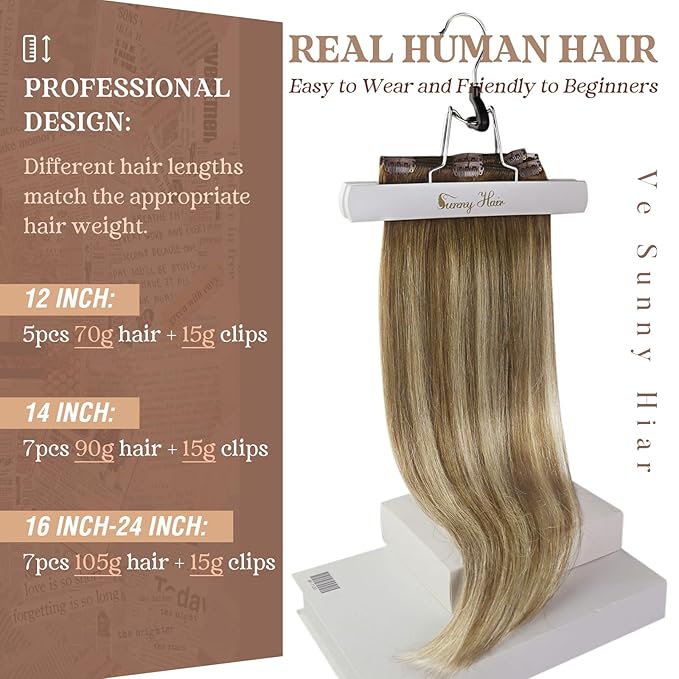 Ve Sunny Human Hair Clip in Extensions Natural Look Clip in Hair Extensions Balayage Real Human Hair Extensions Clip ins Chestnut Brown with Blonde Balayage Long Straight hair 120g 7pcs 22inch