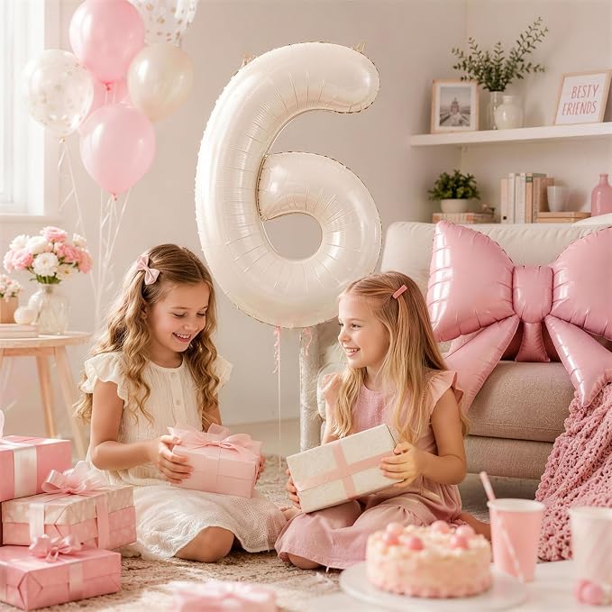 40 Inch Cream Number 7 with Pink Bow Balloons, Giant Self Inflating Beige Cream - Image 7