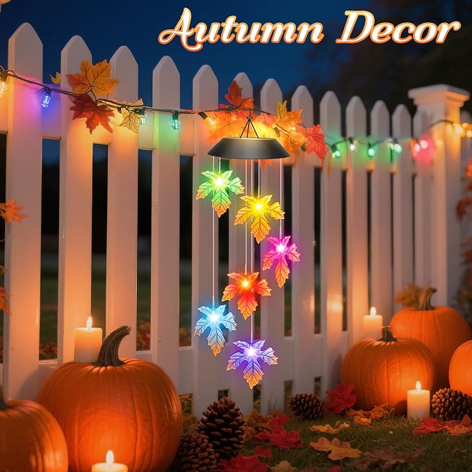 Winzwon Fall Decor Thanksgiving Decorations Solar Lights Wind Chimes | Hanging - Image 3