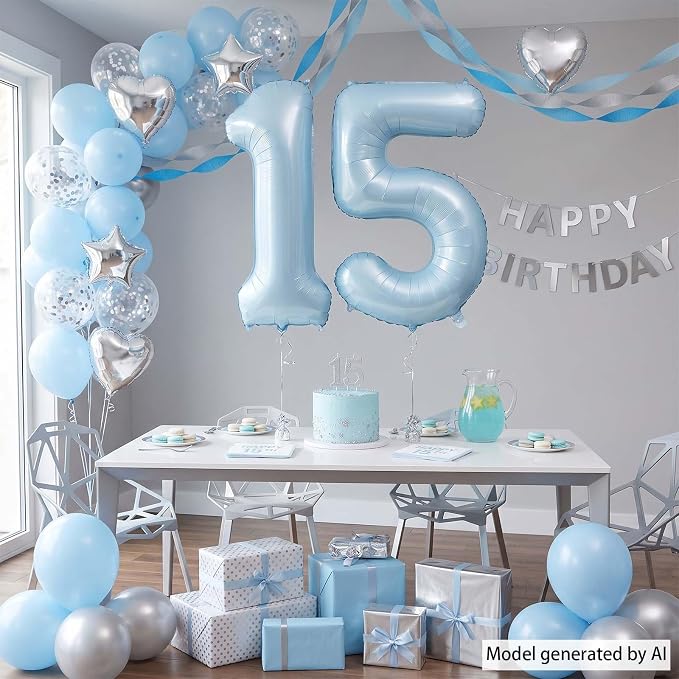 Baby Blue Number 15 Balloon 40 Inch, Foil Sky Pastel Digits Party Supplies | - Image 7