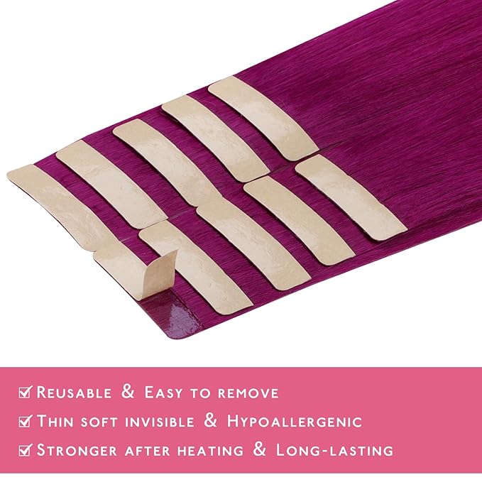 WENNALIFE Tape in Hair Extensions Human Hair Violet Tape in Extensions, 10pcs 30g 20 inch Remy Invisible Tape Ins Straight Colored Soft Real Human Hair Tape in Extensions Refill Set Extensions