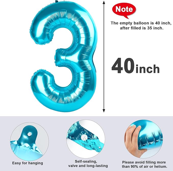 3 Balloon Numbers Birthday Decorations, 40In Light Blue Balloons - Image 5