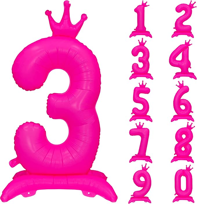 Fluorescent Pink Crown Number 3 Foil Balloon Neon Glow In The Dark Balloon | by YOIOZAIZAI