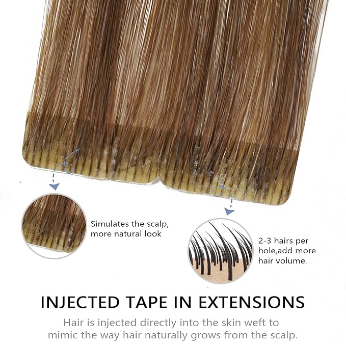 COOKAYU Injected Tape in Hair Extensions Human Hair,Medium Brown to Caramel Blonde Invisible Human Hair Tape in Extensions Seamless 20pcs 30g 14Inch