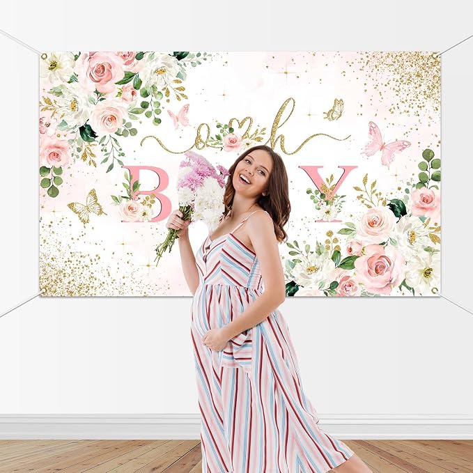 Mocsicka Girl Baby Shower Backdrop Banner Pink Floral Decorations - Image 4