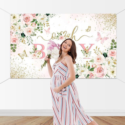 Mocsicka Girl Baby Shower Backdrop Banner Pink Floral Decorations - Image 4