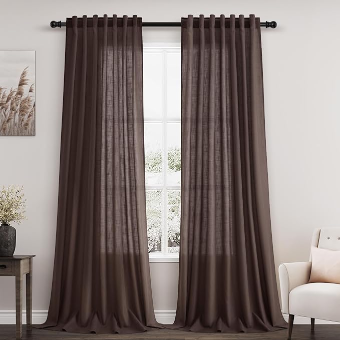 Coffee Linen Semi Sheer Curtains 108 Inches Long 2 Panels Set Back Tab Loop by Nanspring