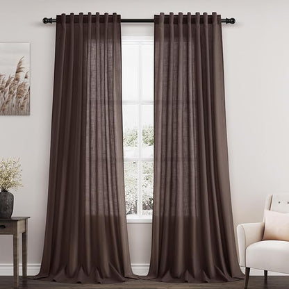 Coffee Linen Semi Sheer Curtains 108 Inches Long 2 Panels Set Back Tab Loop by Nanspring