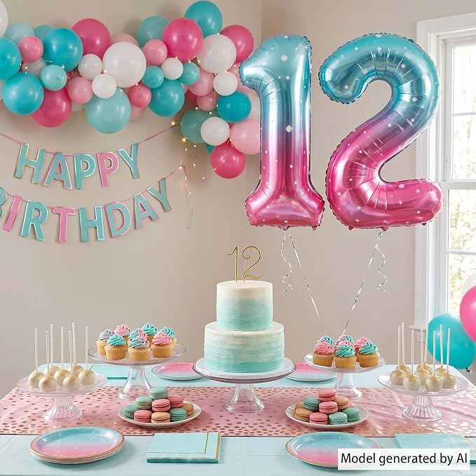 40 Inch Blue Pink Number 12 Balloon, Ombre Foil Tween Birthday Party Decor | - Image 7