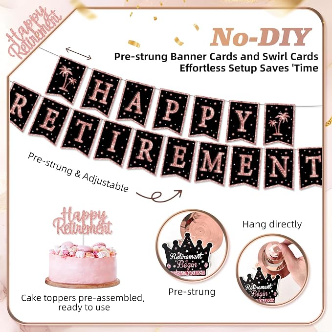 Retirement Party Decorations for Women, Pre-Assembled Rose Gold Black Set. | - Image 3