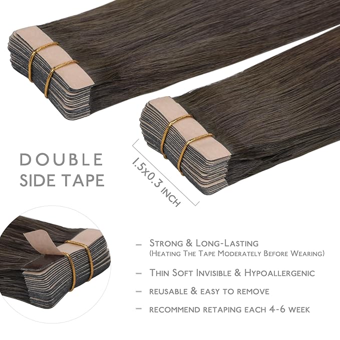 WENNALIFE Tape in Hair Extensions Human Hair, 20pcs 50g 20 inch Cool Dark Brown Remy Hair Extensions Straight Human Hair Tape in Extensions Skin Weft Tape Extensions