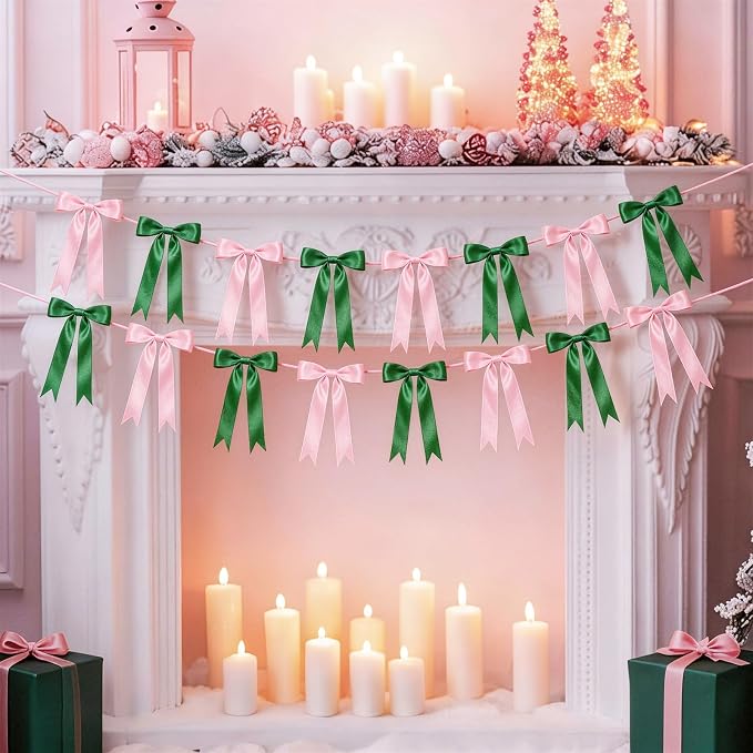 2 Strings Pink & Green Bow Garland Banner Decorations - Image 9