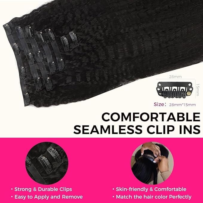 Lashey Seamless Clip in Hair Extensions Human Hair #1 Jet Black 22 Inch 110g 7pcs Kinky Straight Human Hair Clip in Hair Extensions with Soft PU Weft