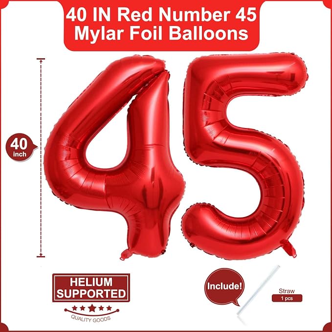 40 Inch Red 45 Balloons Giant Number 45 Balloons Red 45 Birthday Balloons 45th - Image 2