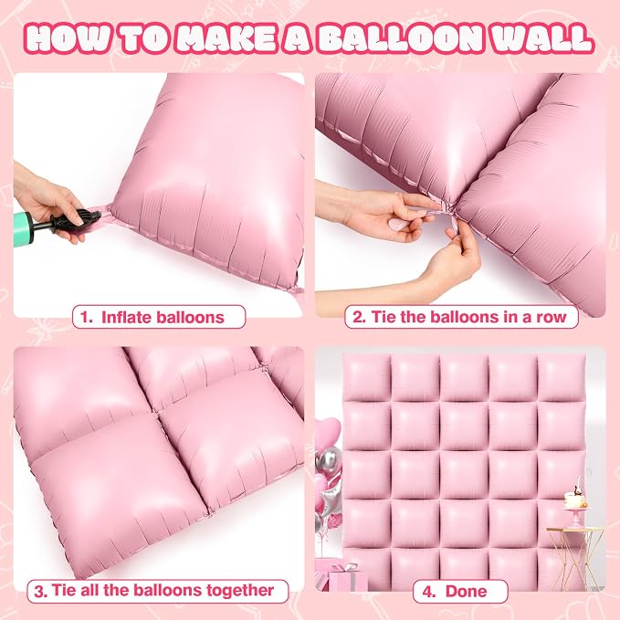 NISOCY 25PCS Matte Pastel Pink Square Foil Balloons Wall Backdrop | Double - Image 4