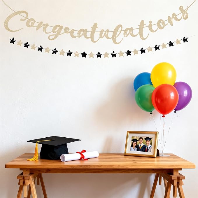 Congratulations Banner, Pre-Strung Black and Gold Graduation Decorations | - Image 4