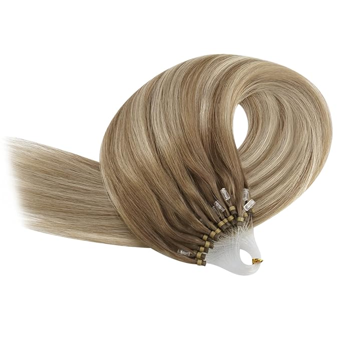 YoungSee Microlink Hair Extensions Ombre Micro Bead Hair Extensions Real Human Hair Brown Balayage Micro Loop Human Hair Extension Ombre Light Brown to Platinum Blonde 20 Inch 50s 50g