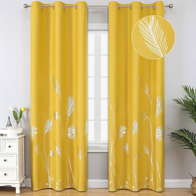 Yellow Blackout Curtains for Living Room, Room Darkening Silver Palm Tree by ESTELARTEXTILER