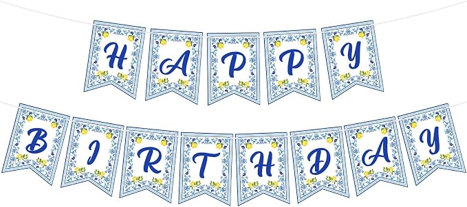Lemon Happy Birthday Banner Blue Tiles Lemon Party Banner Triangle Flags Sign by Adecortalk