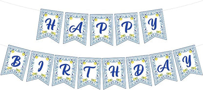 Lemon Happy Birthday Banner Blue Tiles Lemon Party Banner Triangle Flags Sign by Adecortalk