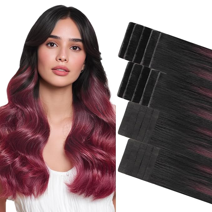 GOO GOO Invisi Edge Tape in Hair Extensions Human Hair, 1/99 Balayage Jet Black to Red 10pcs injected with 10pcs classical tape ins, 14inch 50g, Virgin Remy Hair, Natural Look