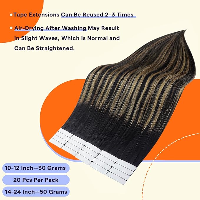 Full Shine Human Hair Tape in Extensions 14 Inch Color 1B/27/1B Black With Blonde Straight Seamless Remy Tape Ins Human Hair Extensions Balayage 20PCS Extensions for Women Real Hair 50g for Party