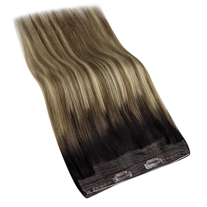 YoungSee Wire Hair Extensions Balayage Wire Hair Extensions Real Human Hair Ombre Fish Line Extensions Dark Brown Roots to Medium Brown with Blonde Dyable Remy Hair 14Inch 80G